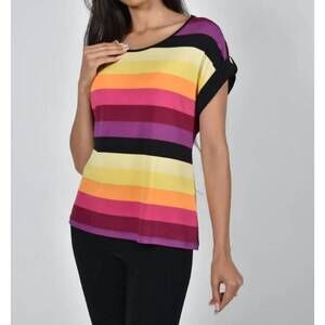 NEW FRANK LYMAN melissa short sleeve top with rhinestone tab in multi stripe